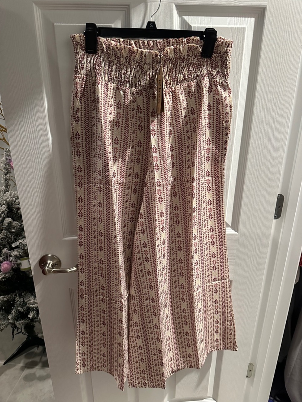 Rhea Boho Wide-Leg Cream Pants with Purple Print